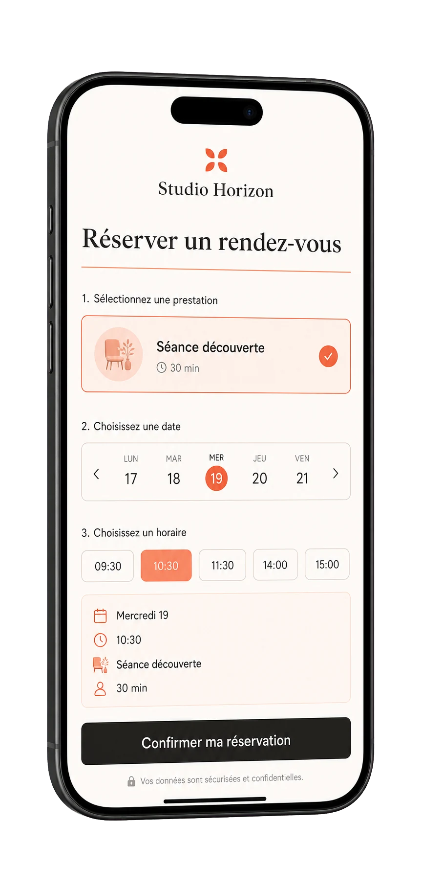 Page de réservation Atelios de Studio Horizon affichée sur un téléphone